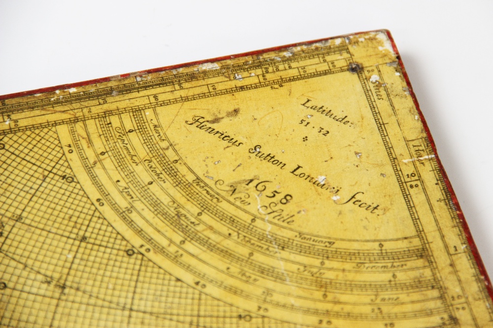 A rare Horary quadrant by 'Henricus Sutton Londini Fecit 1658 New Stile', paper laid onto wood - Image 4 of 4