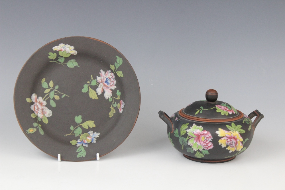 A selection of Wedgwood black basalt tea wares decorated in the 'Chinese Flowers' pattern, 19th - Image 3 of 15