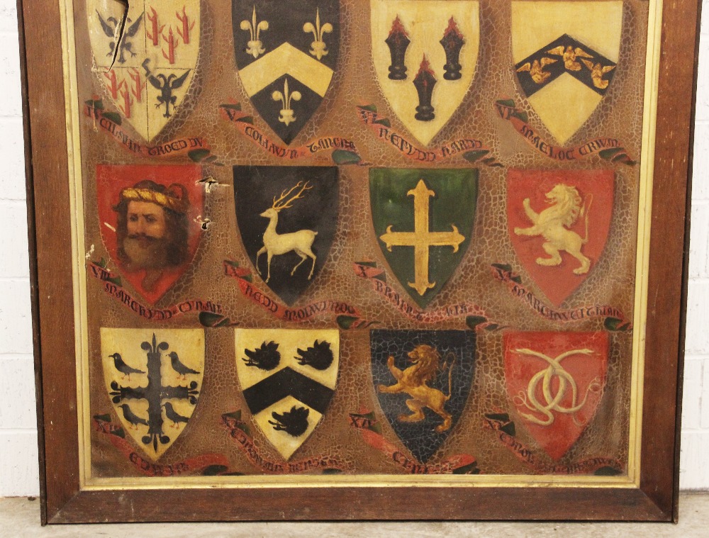 Royal Tribes of Wales, 19th century, A substantial oil on canvas depicting the arms of the fifteen - Image 4 of 9