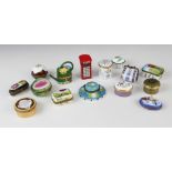 A collection of novelty pill boxes, 20th century, to include Staffordshire, Bilston and Battersea