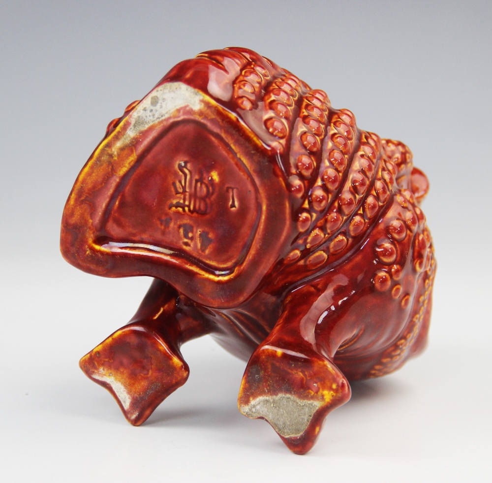 A Burmantofts faience spoon warmer, modelled as a grotesque bull frog in a burnt red/orange glaze, - Image 3 of 4