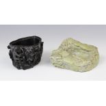 Two Chinese soapstone brush washer, 20th century, comprising; a black soapstone example carved