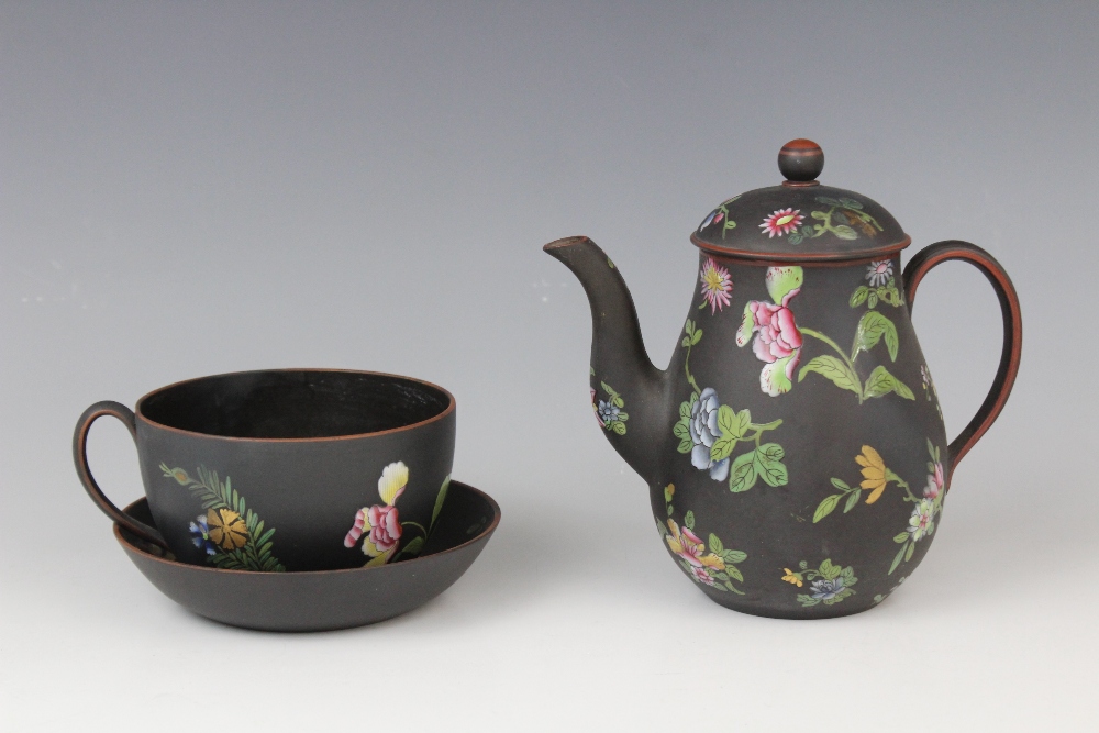 A selection of Wedgwood black basalt tea wares decorated in the 'Chinese Flowers' pattern, 19th - Image 2 of 15