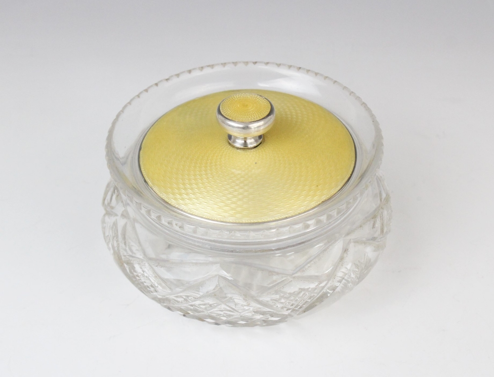 A George V cut glass, silver and enamel powder jar, marks for Willim Comyns & Sons, London 1937,