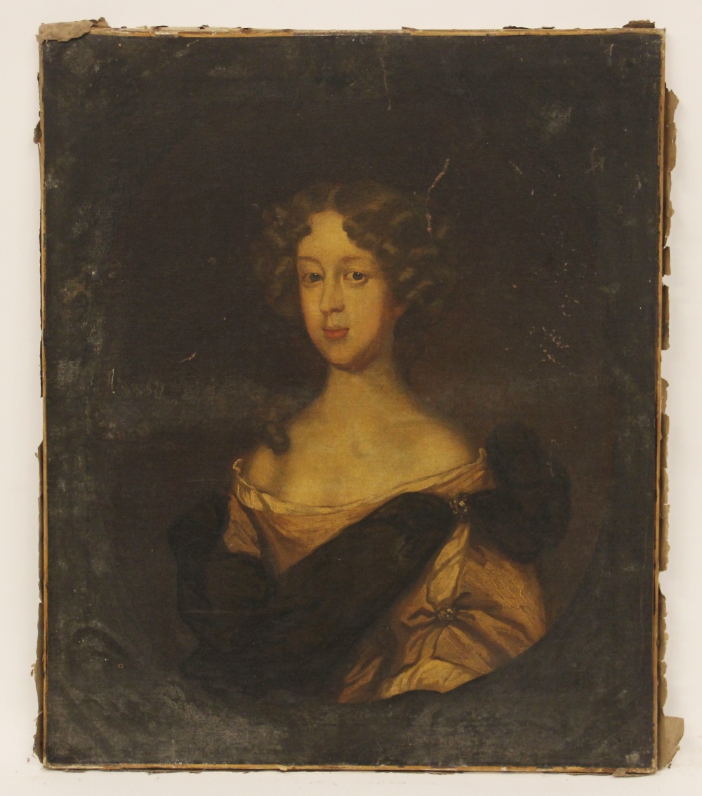 Follower of Sir Godfrey Kneller (1646-1723), Portrait of a young lady in a painted, Oval oil on - Image 7 of 7
