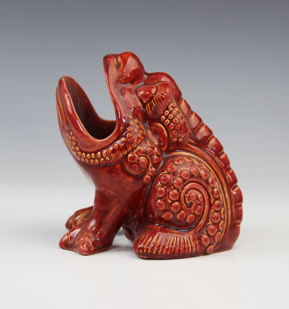 A Burmantofts faience spoon warmer, modelled as a grotesque bull frog in a burnt red/orange glaze, - Image 2 of 4