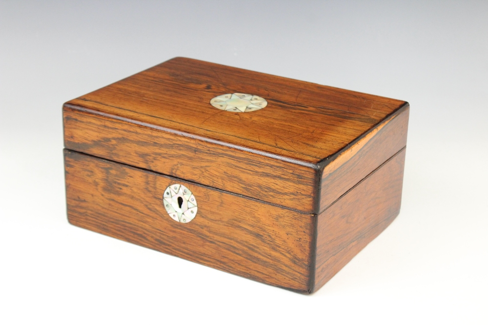 A 19th century rosewood stationery box, the cover centred with an inlaid mother of pearl star - Image 6 of 7