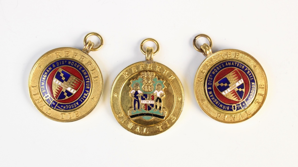 Three Football gilt and enamel medallions, comprising; 'Birmingham & Dist Works Amateur F'Ball
