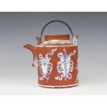 A Chinese Yixing teapot, late 19th century, enamelled in white and blue four Daoist emblems, with