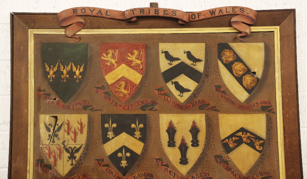 Royal Tribes of Wales, 19th century, A substantial oil on canvas depicting the arms of the fifteen - Image 3 of 9