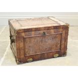 A late 17th century French kingwood strong box, applied with gilt metal corner mounts and side swing