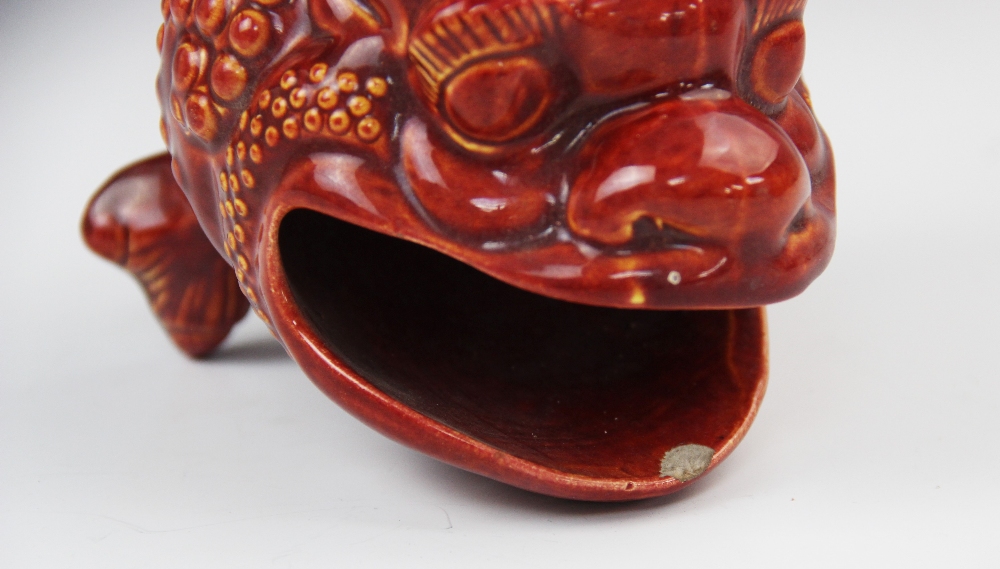 A Burmantofts faience spoon warmer, modelled as a grotesque bull frog in a burnt red/orange glaze, - Image 4 of 4