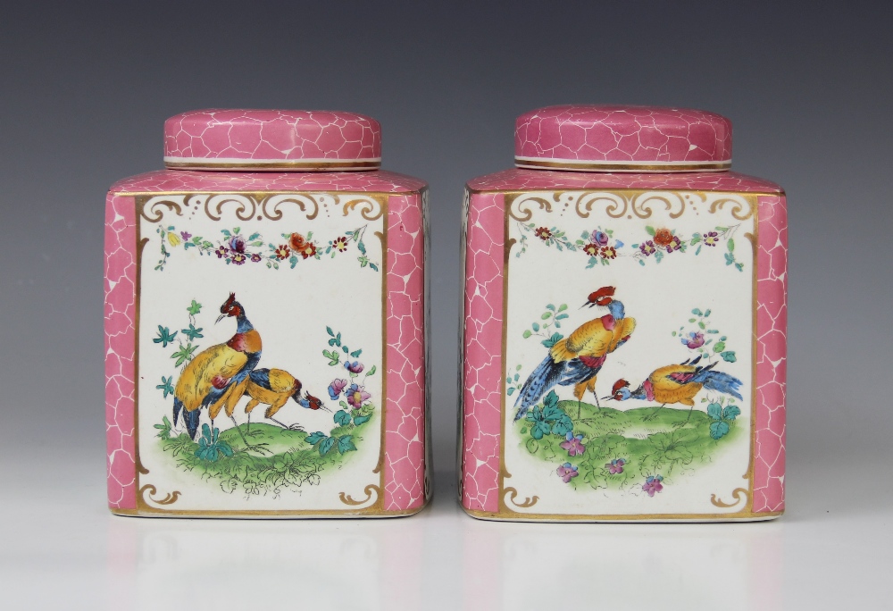 A pair of English porcelain tea caddies and covers, 20th century, each of square form, printed and - Image 2 of 3