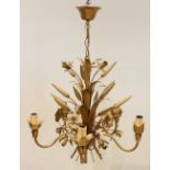 An Italian gilt metal floral, fauna and wheatsheaf five branch chandelier, mid 20th century, in