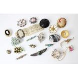 A selection of antique and vintage brooches to include a Victorian/Edwardian Egyptian Revival scarab