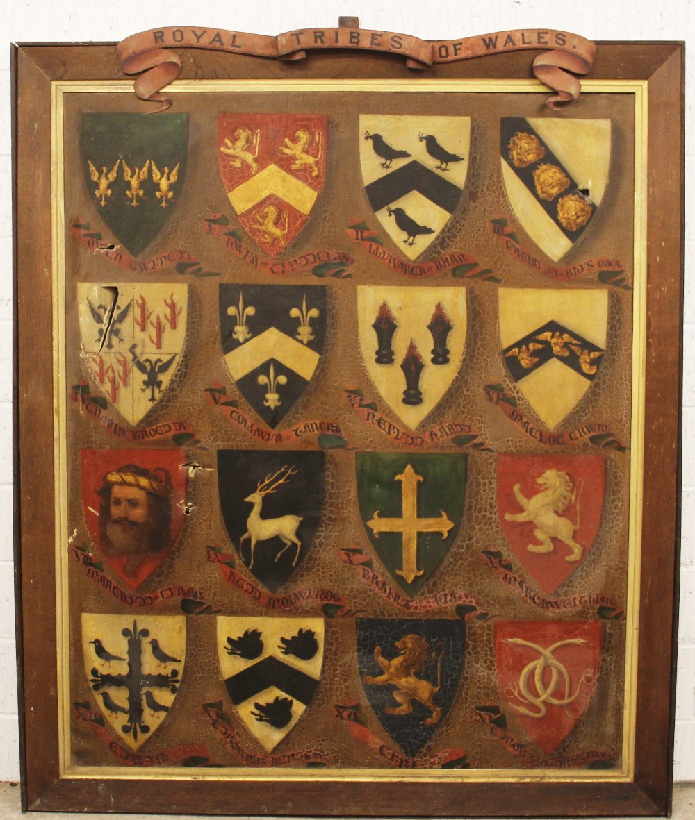 Royal Tribes of Wales, 19th century, A substantial oil on canvas depicting the arms of the fifteen