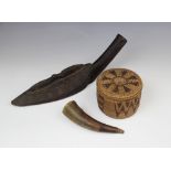 A West African Dogon beater mallet, 38cm, a Southern African snuff horn, 16cm and a Barotse woven