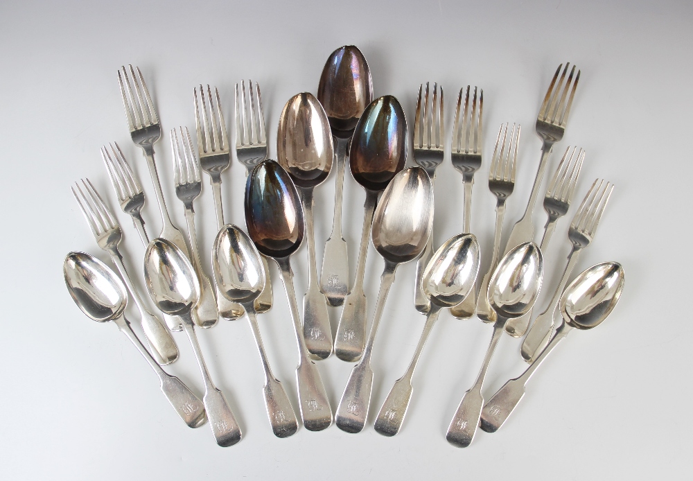 A 19th century canteen of silver cutlery, comprising six dessert spoons and five tablespoons by