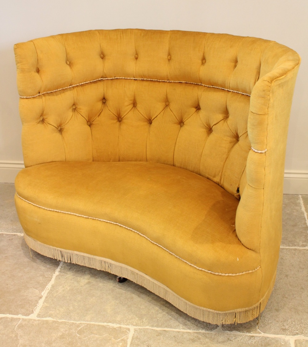 An early 20th century button back love seat, upholstered in yellow velour, the wrap around high back - Image 2 of 3