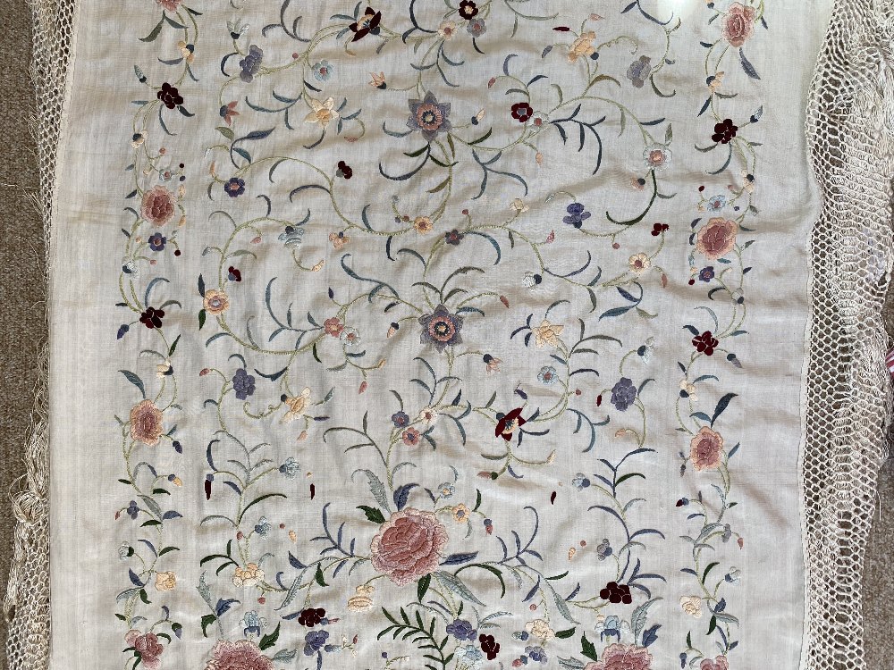 A Chinese polychrome florally decorated machine embroidered silk piano shawl, against a cream - Image 13 of 14