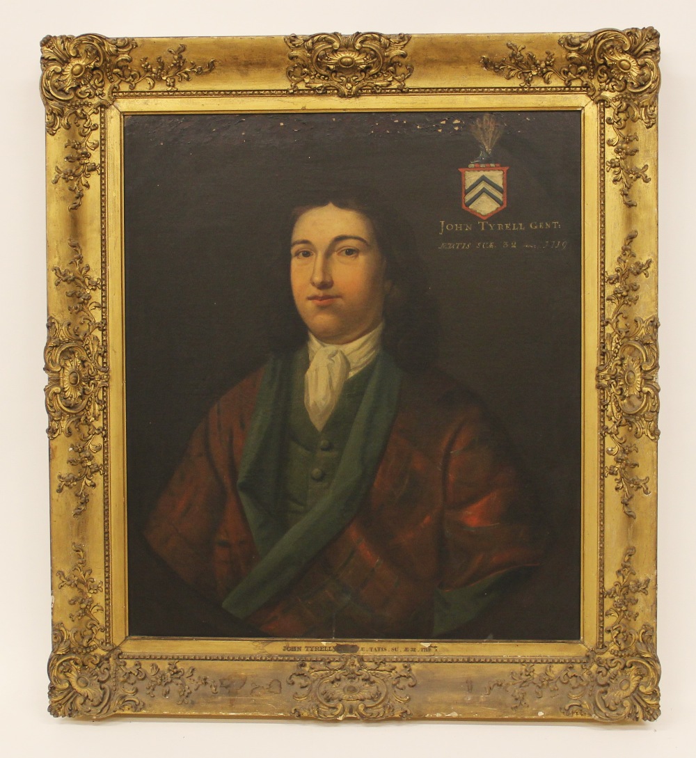 English school, early 18th century, Portrait of John Tyrell half length, wearing a dark red and - Image 4 of 4