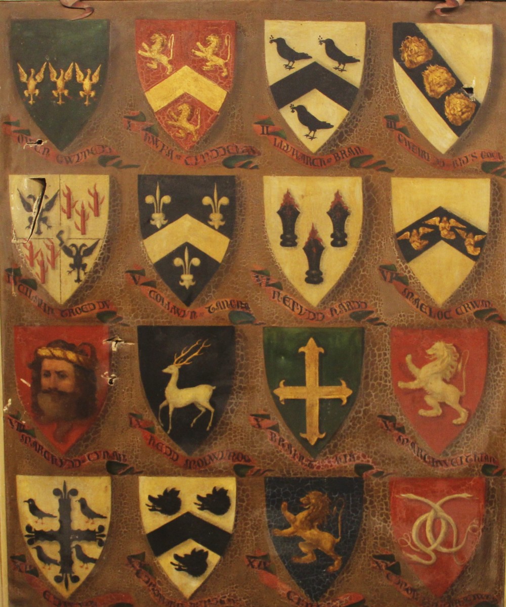 Royal Tribes of Wales, 19th century, A substantial oil on canvas depicting the arms of the fifteen - Image 2 of 9