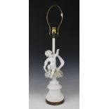A porcelain blanc de chine style table lamp, early 20th century, modelled as a putti seated on a