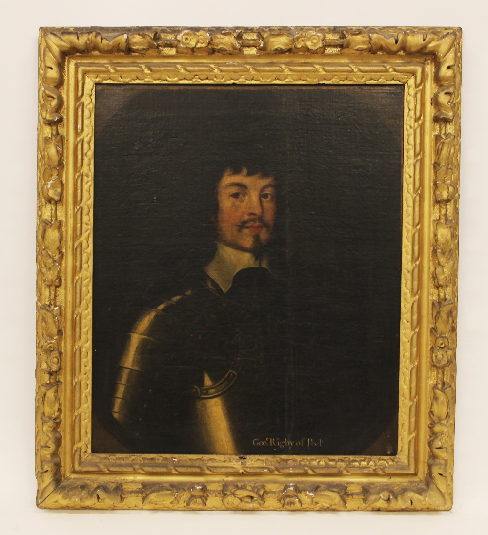 English school, late 17th century, Portrait of George Rigby of Peel, Half length wearing armour, Oil - Image 6 of 14