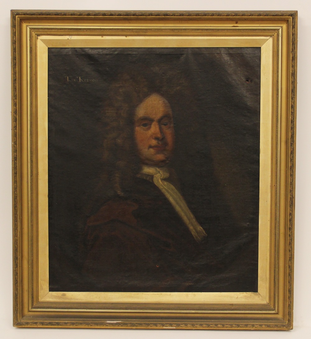 Follower of Michael Dahl (1659 -1743), Portrait of Thomas Kenyon of Peel Half length wearing a brown - Image 8 of 8