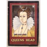 A mid 20th century and later repainted 'Queens Head' pub sign, the rectangular sign centred with a