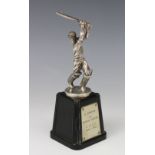 An early 20th century silver plated cricket trophy, modelled as a batsmen on a Bakelite plinth