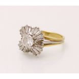 A diamond ballerina cluster ring, the central round brilliant cut diamond (weighing approximately