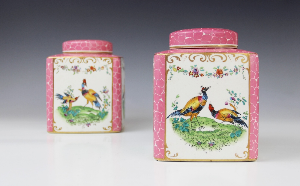 A pair of English porcelain tea caddies and covers, 20th century, each of square form, printed and - Image 3 of 3