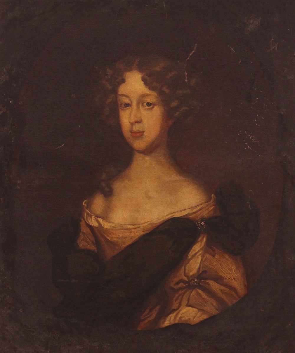 Follower of Sir Godfrey Kneller (1646-1723), Portrait of a young lady in a painted, Oval oil on - Image 2 of 7