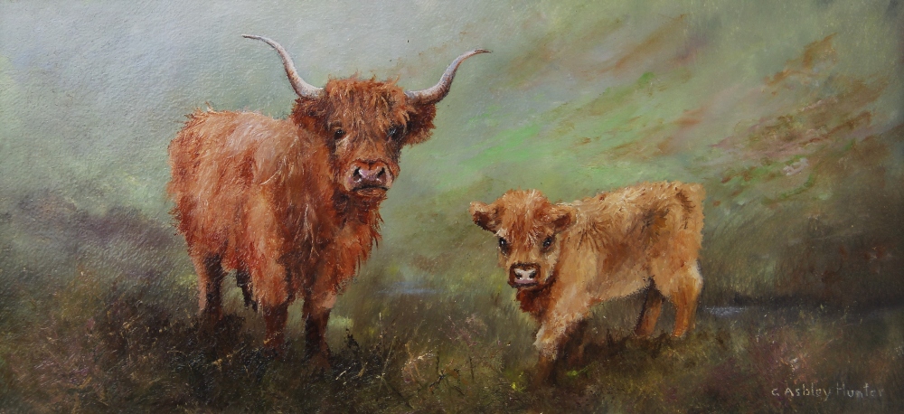 Gordon Ashley Hunter (Contemporary British, b1936), A highland cow and calf in a landscape, and a