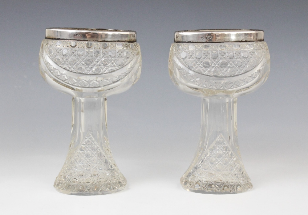 A pair of George V cut glass silver mounted posy vases, marks for London 1914 (maker's marks