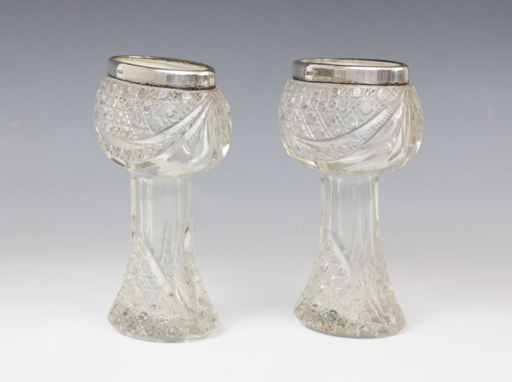 A pair of George V cut glass silver mounted posy vases, marks for London 1914 (maker's marks - Image 2 of 3