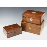 A 19th century rosewood stationery box, the cover centred with an inlaid mother of pearl star