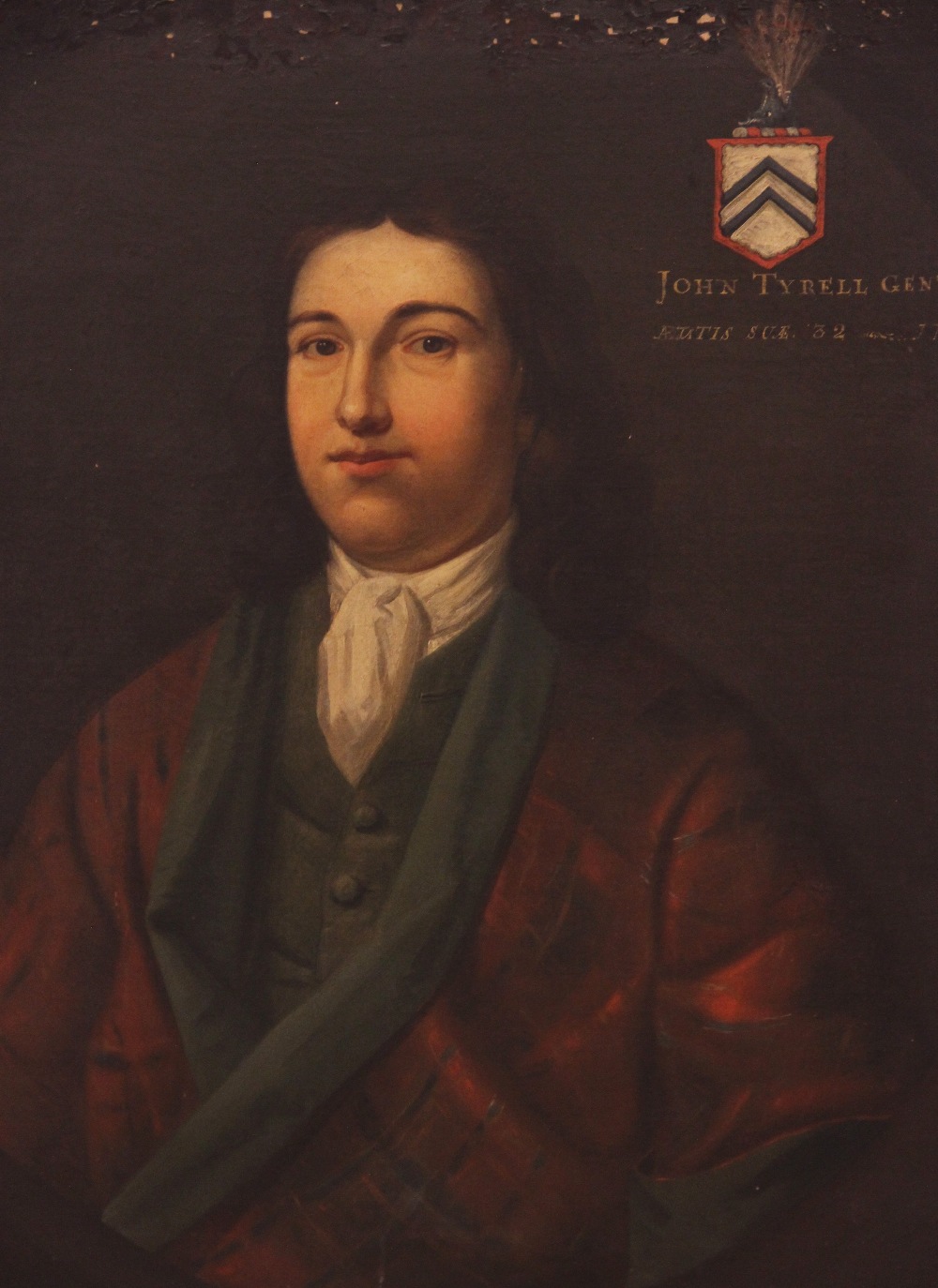 English school, early 18th century, Portrait of John Tyrell half length, wearing a dark red and