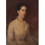 Joseph Bridge (1845-1894), Portrait of Hon Mrs Bulkeley Owen Half length seated in a white dress,