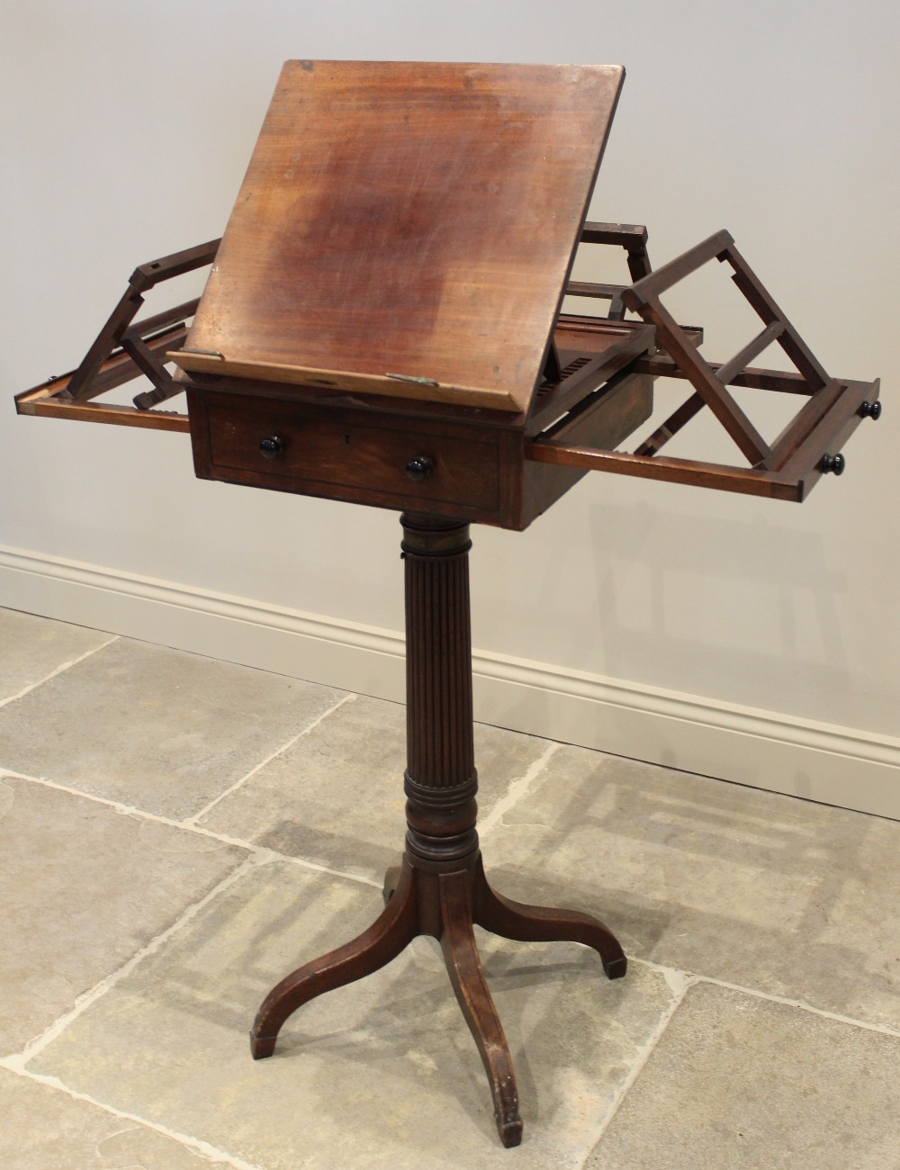 A George III mahogany pedestal quartet music stand, in the manner of Gillows, the rectangular - Image 3 of 8