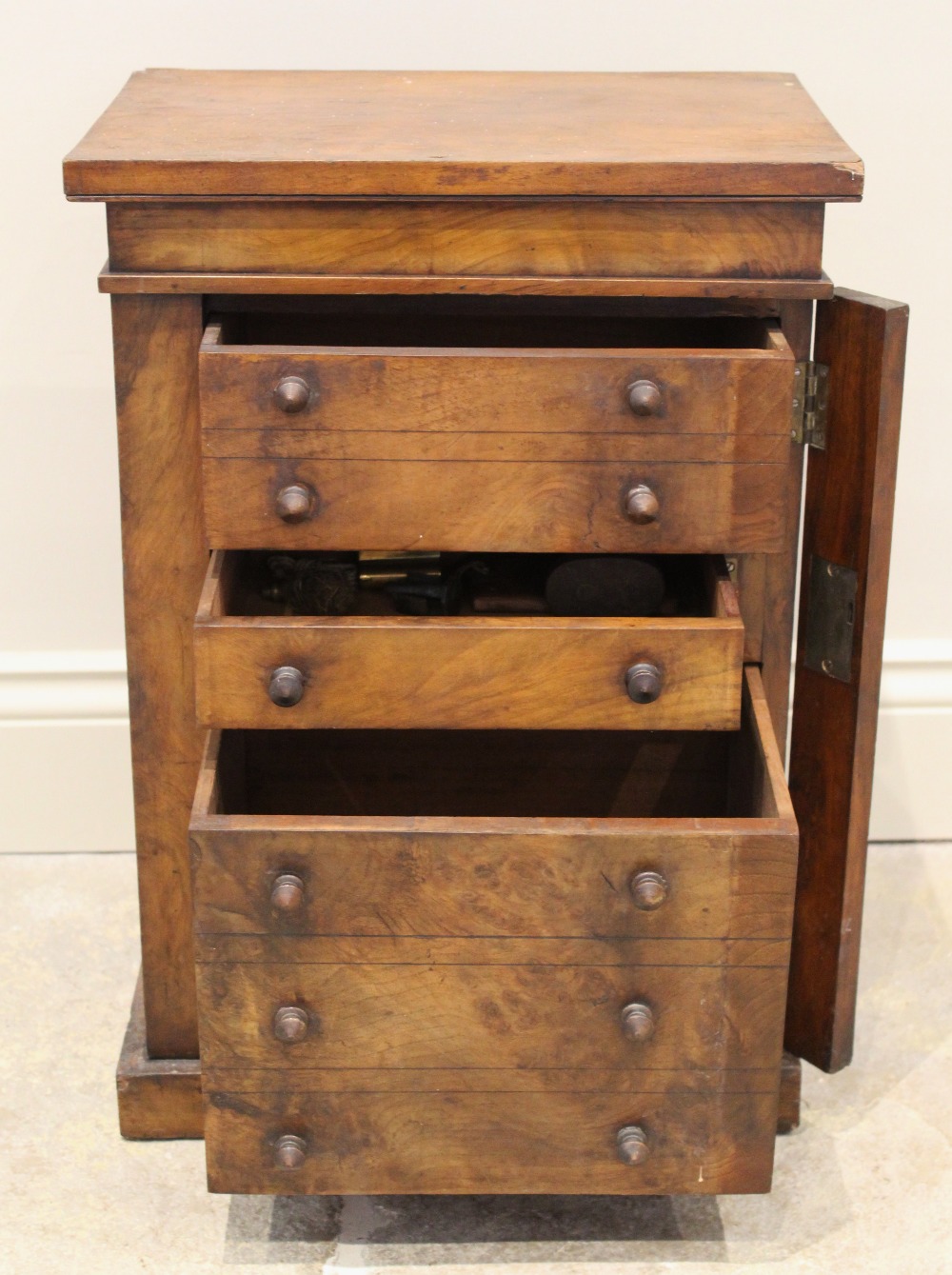 A Victorian figured walnut apprentice Wellington chest, with an arrangement of three drawers, the - Image 2 of 3