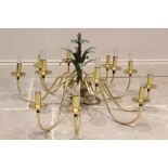 A Louis XVI style gilt metal chandelier, mid 20th century, the central column cast as a wicker