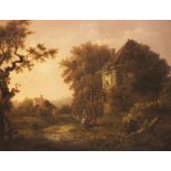 Manner of Richard Wilson RA (1714-1782), Wooded rural landscape with figures beside a cottage, Oil