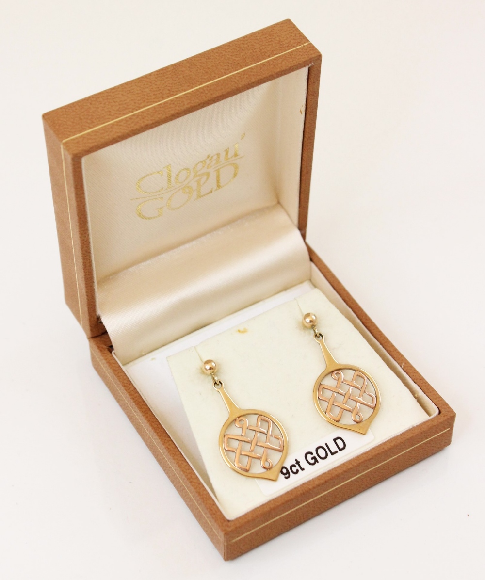 A pair of 9ct gold Clogau Celtic style earrings, each designed as a rose gold Celtic knot set to a