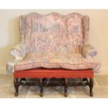 A 17th century Carolean style settee, 19th century and later, re-covered in fabric depicting 17th