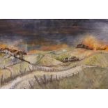 Manner of Ronald Lowe (English, 1932-1985), A forest fire burning behind fences and fields, Oil on