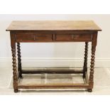 An 18th century and later constructed oak side table, the rectangular plank top above two frieze