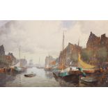 John Ernest Aitken (1881-1957), A Dutch canal scene (possibly Amsterdam), Watercolour on paper,