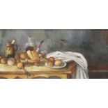 Continental school (20th century), Still life with onions, wine and bread on a table, Oil on canvas,
